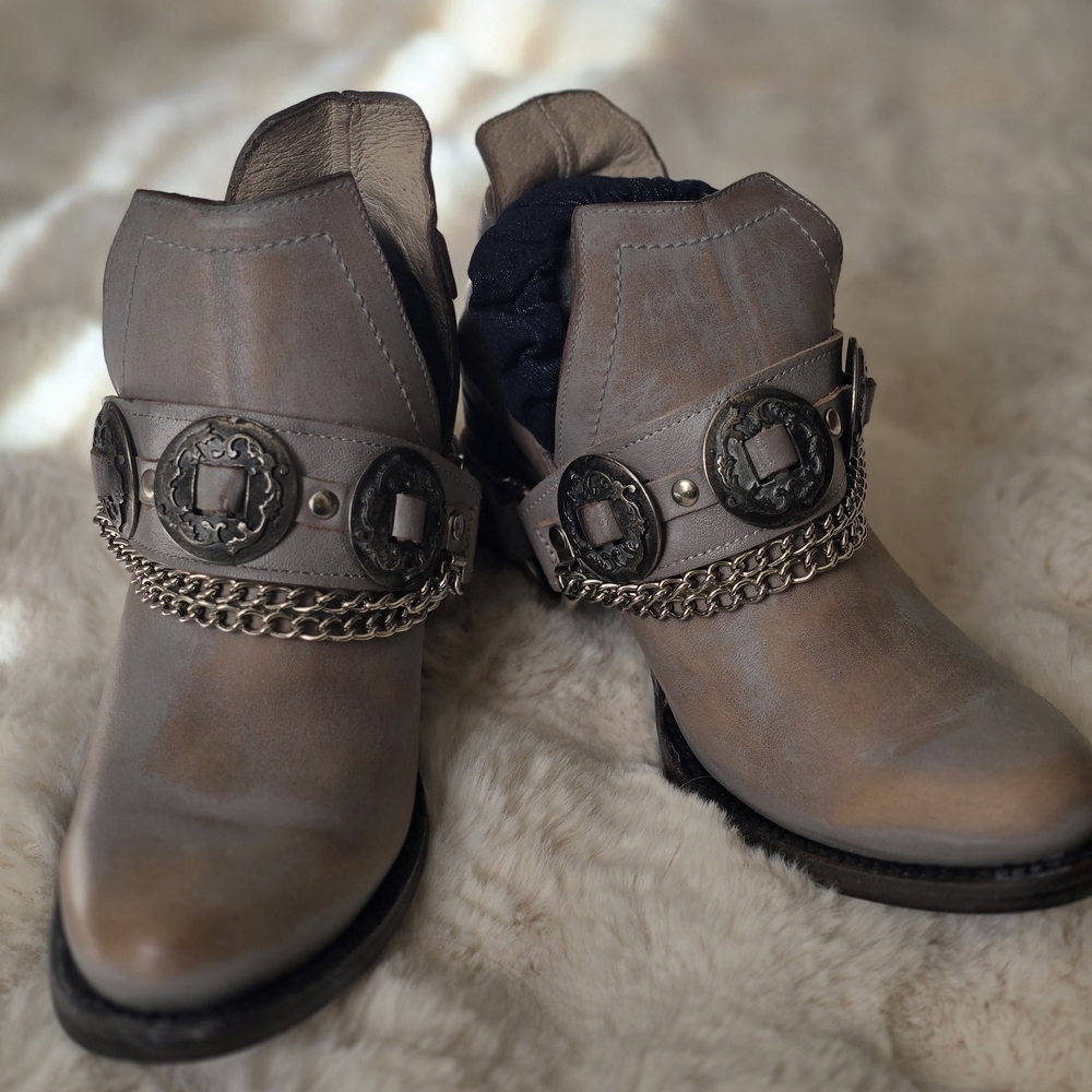 Gray Leather Ankle Boots with Chain Detail
